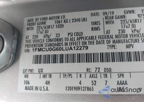 2020 Ford Escape Se из США, поврежденный, VIN 1FMCU0G60LUA12279